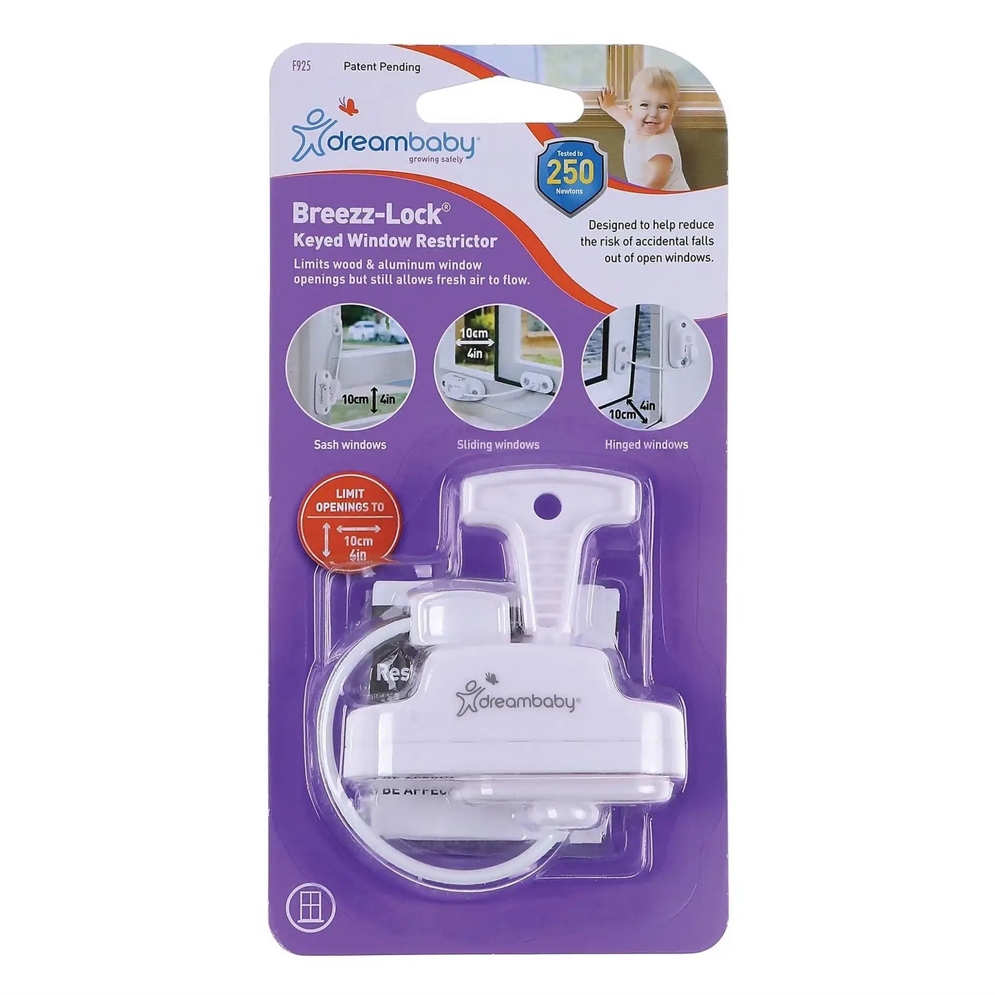 Photo showing the Dreambaby Breezz-lock Keyed Window Restrictor in the retail packaging.