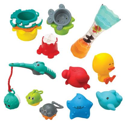 Stock photo showing the contents of the Infantino Splish & Splash Bath Play Set