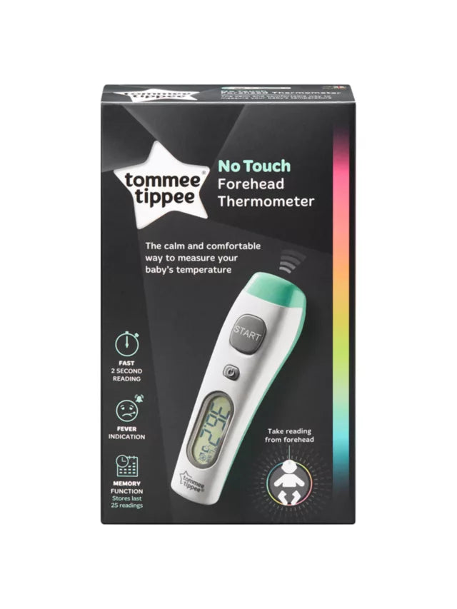 Stock photo showing the external packaging of the Tommee Tippee No Touch Forehead Thermometer.