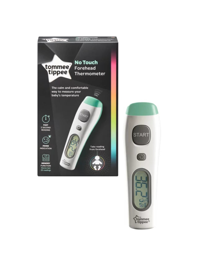 Stock photo showing the external packaging of the Tommee Tippee No Touch Forehead Thermometer alongside the actual thermometer.