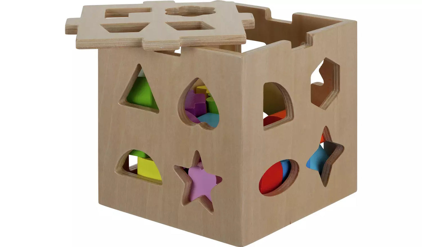 Stock photo of the Chad Valley PlaySmart Wooden Shape Sorter, showing the lid placed on top with the shapes inside the box.