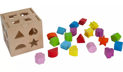 Stock photo of the Chad Valley PlaySmart Wooden Shape Sorter showing the empty box with the lid on and all the different coloured shapes laid out next to it.