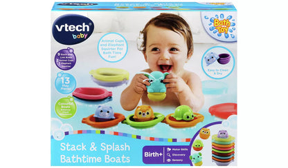 Stock photo of the Vtech baby Stack & Splash Bathtime Boats showing the boxed item.