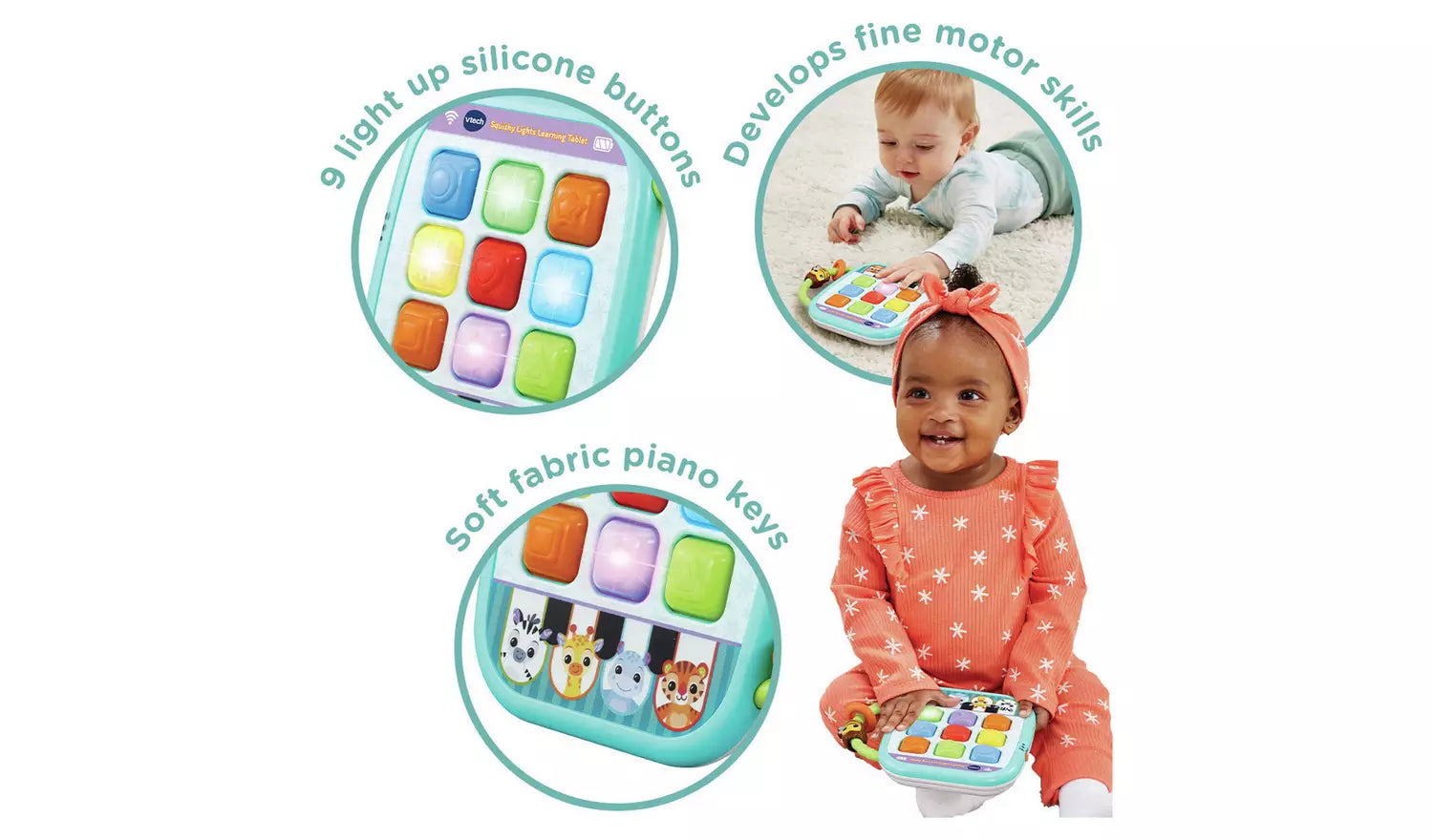 Vtech Squishy Lights Learning Tablet - 9 light up silicone buttons; Develops fine motor skills; soft fabric piano keys.