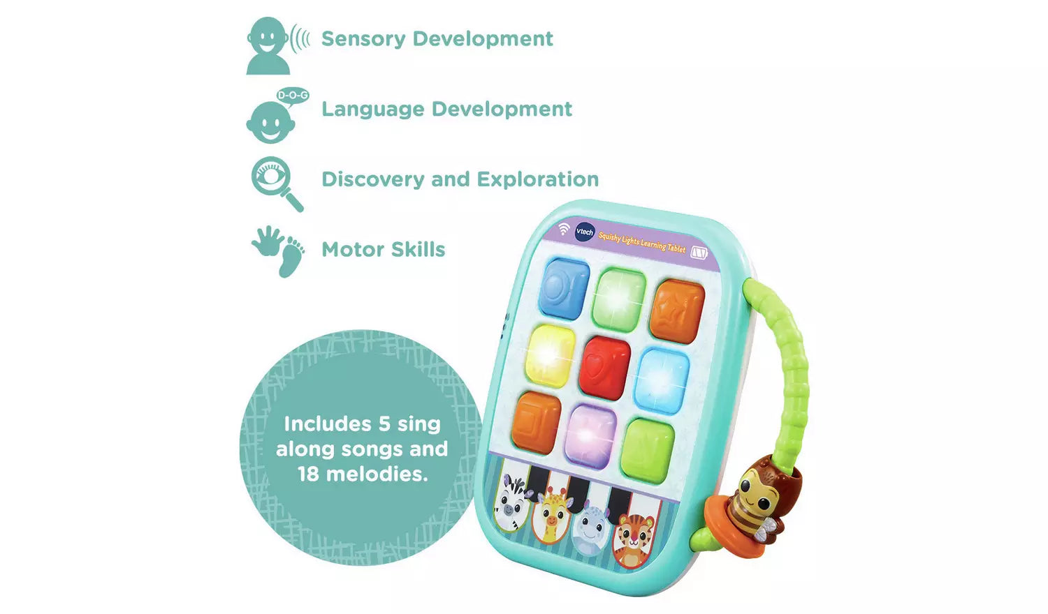 Overview of the Vtech Squishy Lights Learning Tablet - Sensory Development, Language Development, Discovery and Exploration, Motor Skills - Includes 5 sing along songs and 18 melodies.