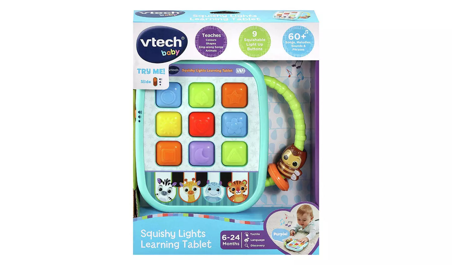 Photo of the Vtech Squishy Lights Learning Tablet in retail packaging.