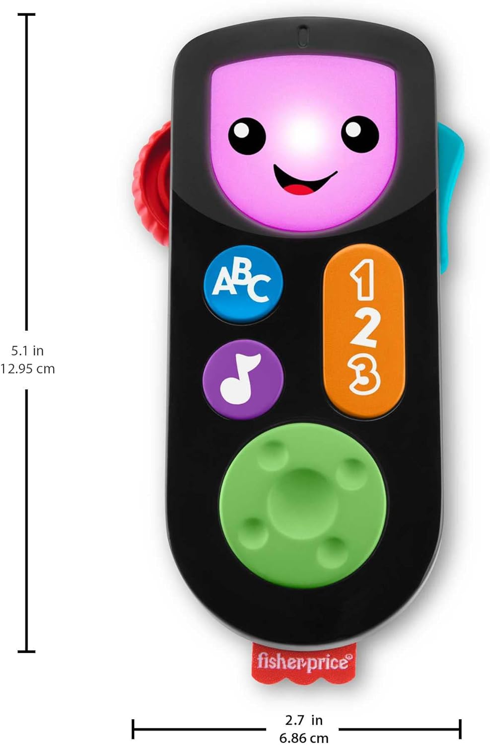 Stock photo showing the Fisher-Price Laugh & Learn Stream & Learn Remote, showing the dimensions (12.95cm tall, 6.86cm wide)