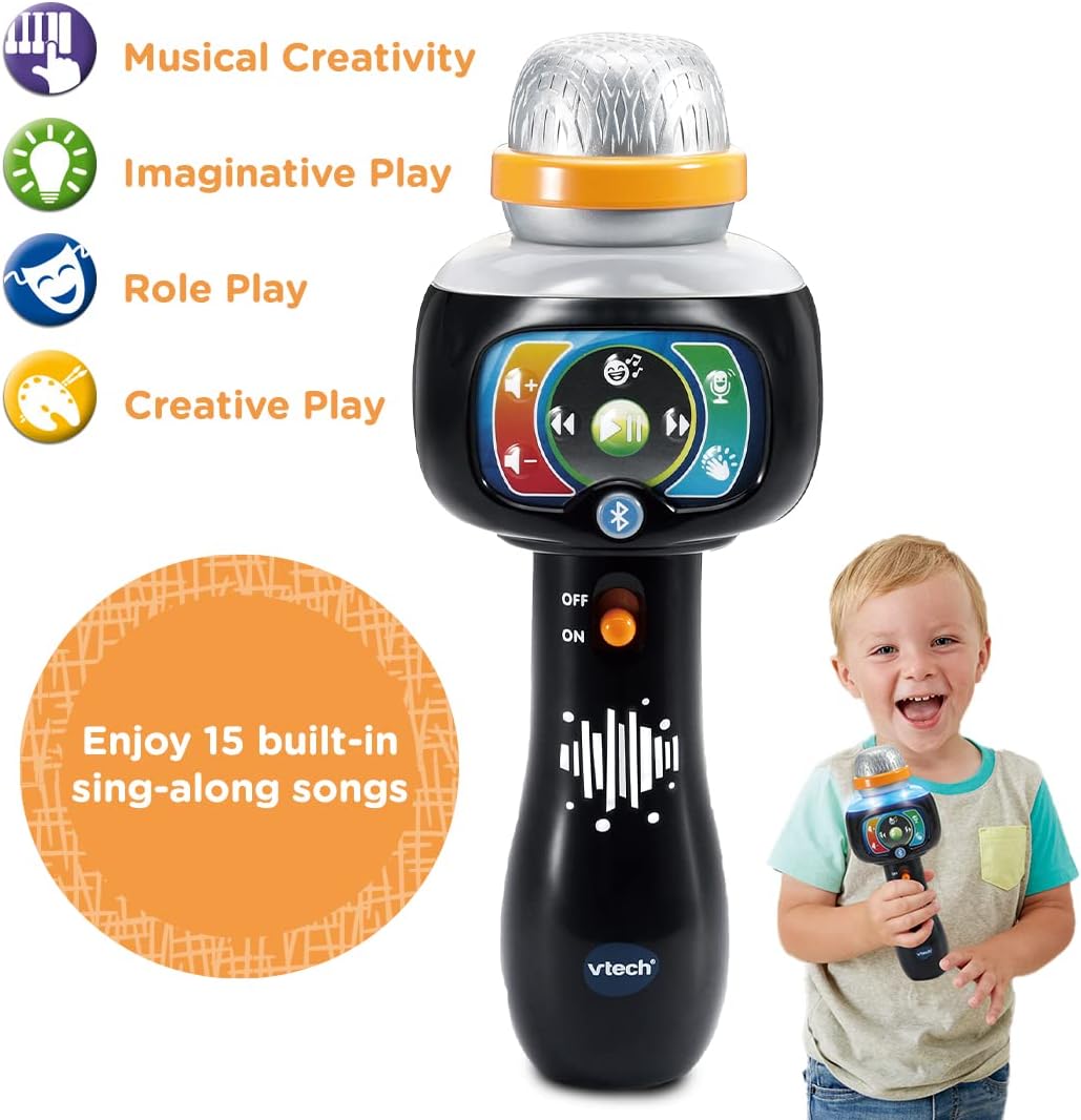 Vtech Singing Sounds Microphone overview: musical creativity; imaginative play; role play; creative play. Enjoy 15 built-in sing-along songs.