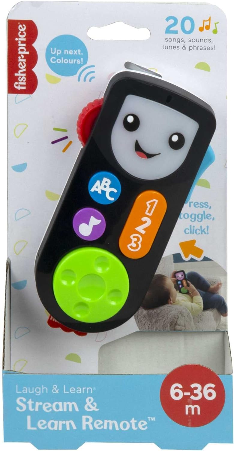 Stock photo of the Fisher-Price Laugh & Learn Stream & Learn Remote in retail packaging.