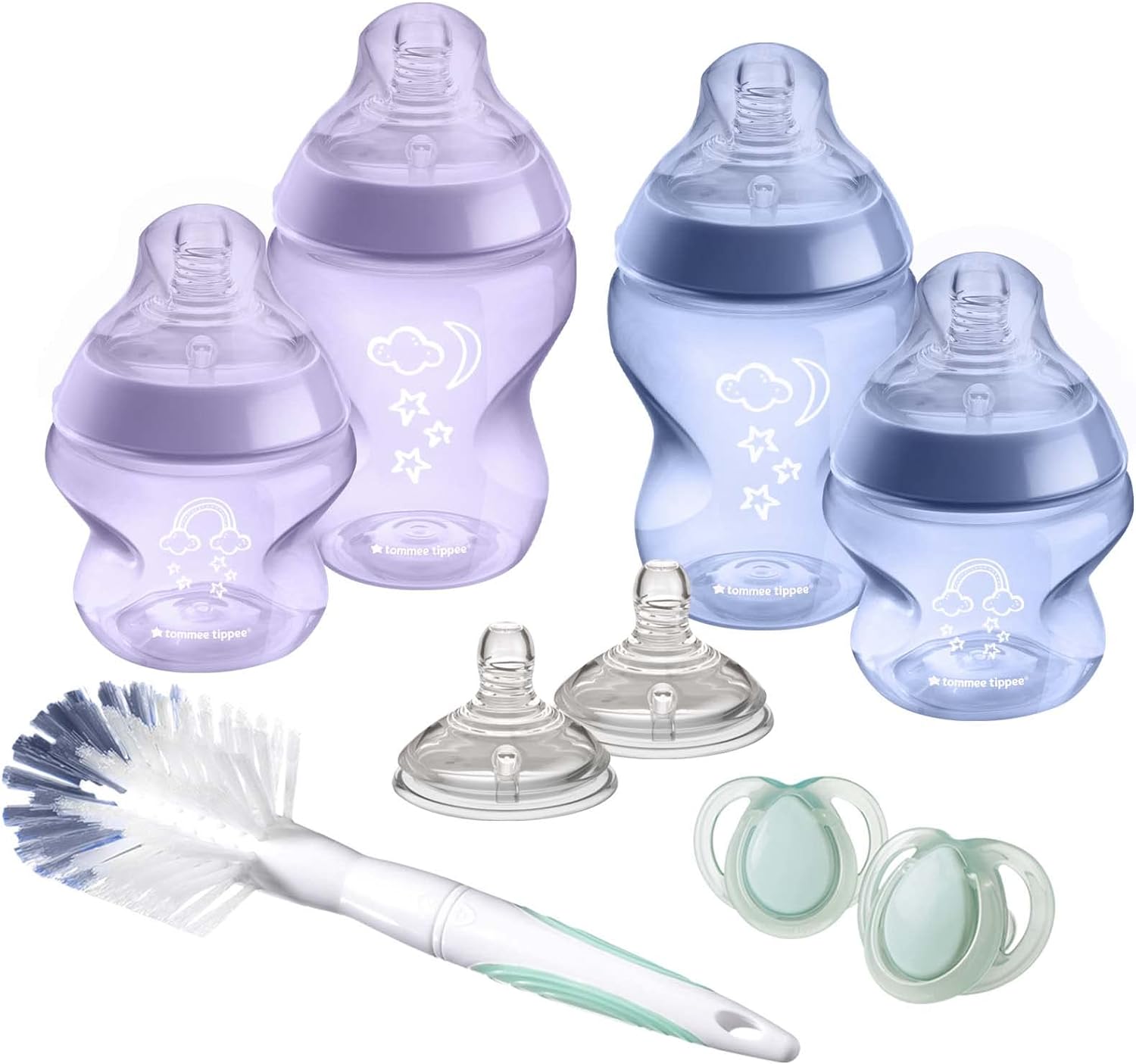 Stock photo of the pack contents: 2x 150ml and 2x 260ml Closer to Nature bottles with slow flow teats, 2x 0-6m night-time soothers, 2x medium-flow teats and 1x bottle and teat brush.