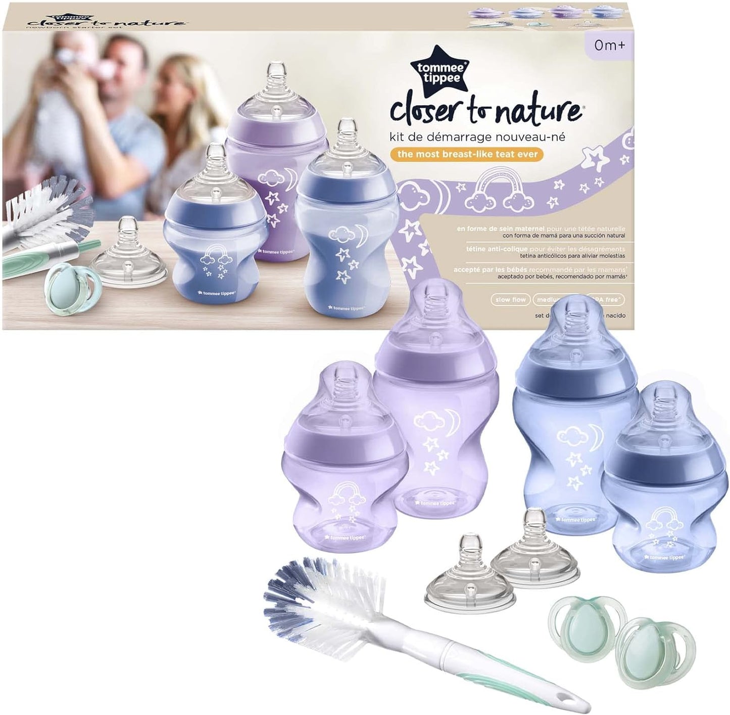 Stock photo of the pack contents: 2x 150ml and 2x 260ml Closer to Nature bottles with slow flow teats, 2x 0-6m night-time soothers, 2x medium-flow teats and 1x bottle and teat brush.