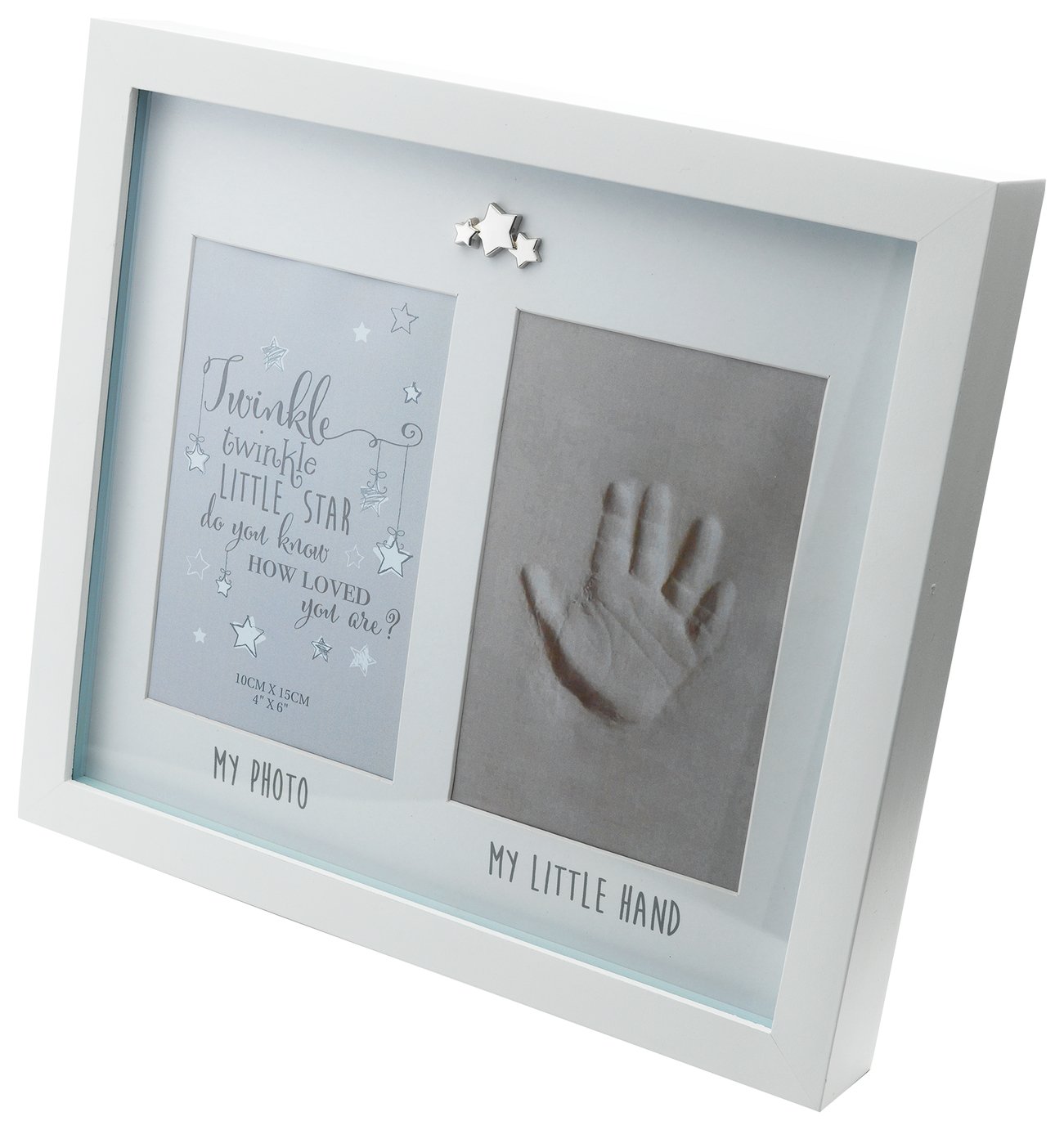 Picture of the photo frame showing the space for a 6x4" photo on the left and space for the hand print on the right.