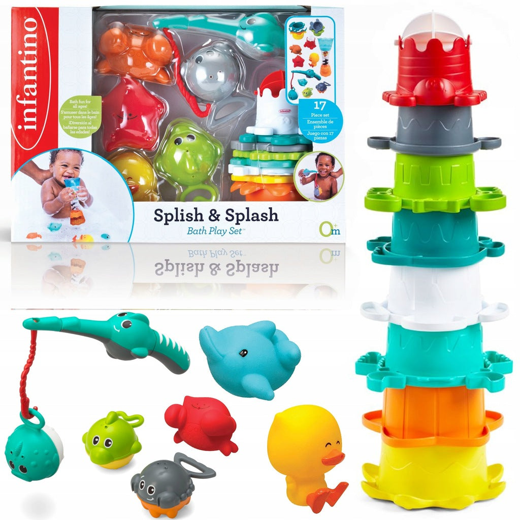 Stock photo of the Infantino Splish & Splash Bath Play Set showing the packaging and the contents.