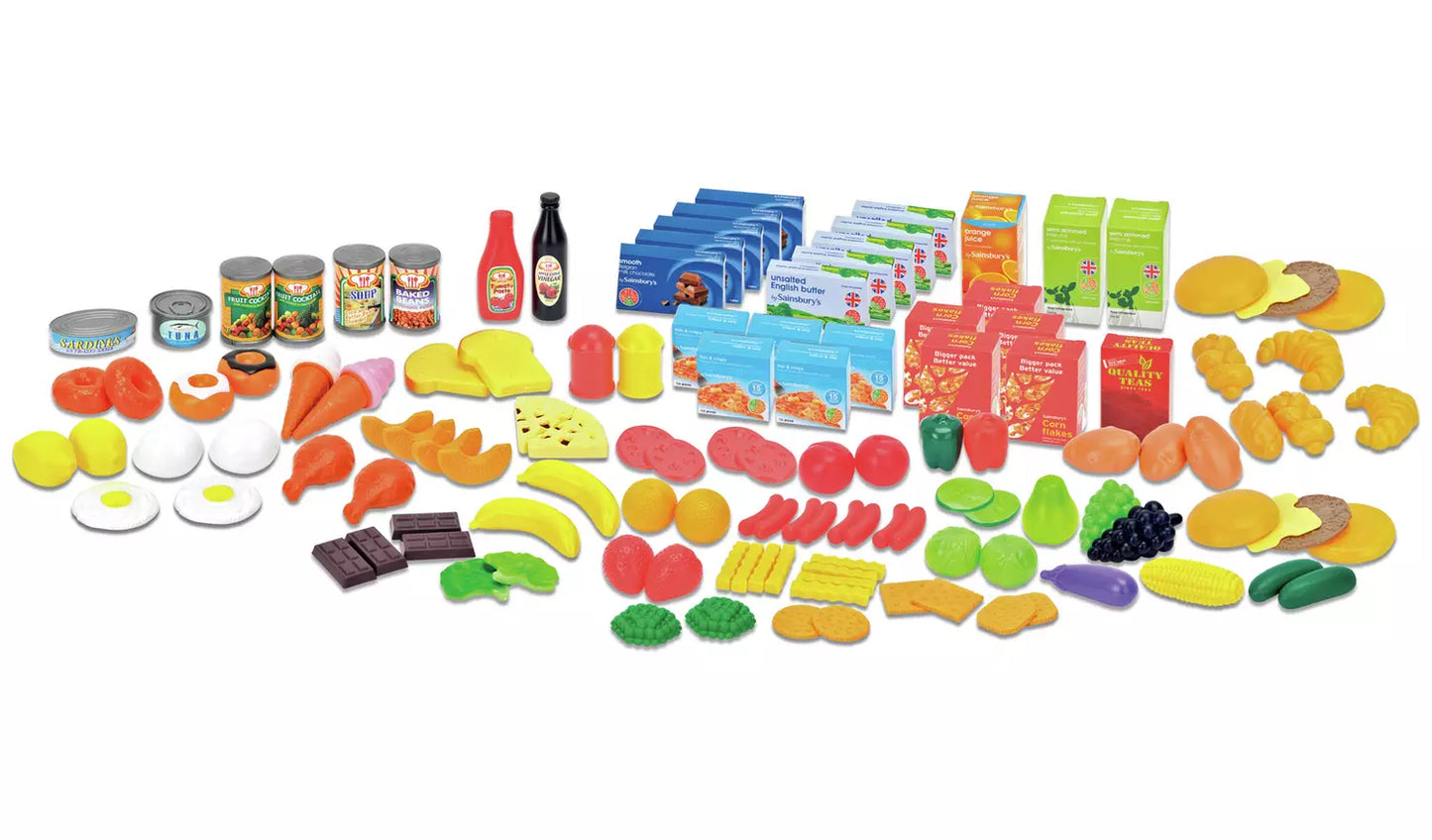 Image showing the play food included in the set, which includes 24 paper boxes (chocolate, butter, juice, etc.), eggs, fruit and vegetables, pastries etc. 