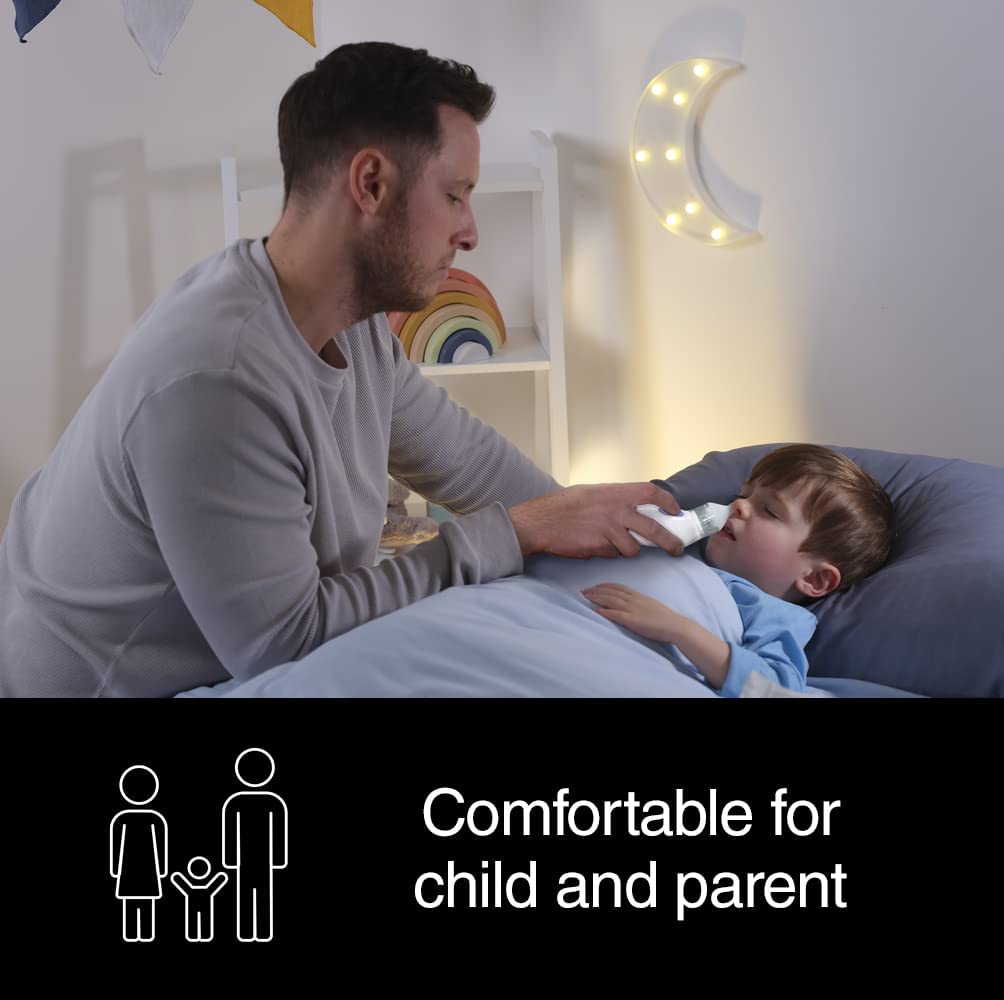 Picture showing an adult male using the nasal aspirator on a child in bed showing the use is comfortable for child and parent