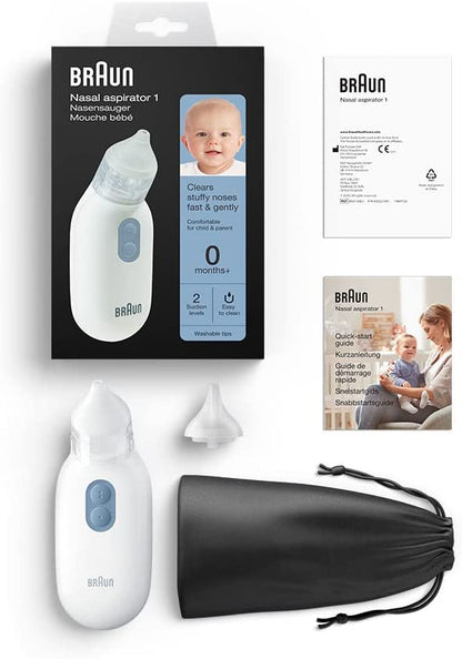 Braun Nasal Aspirator 1 (BNA100EU) - stock photo of item alongside box and contents