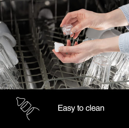 Picture showing removable parts being placed in the dishwasher, illustrating the item is easy to clean