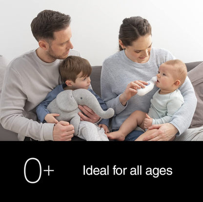 Image of family using aspirator on a young child - showing the item is ideal for all ages and suitable from 0 months plus.