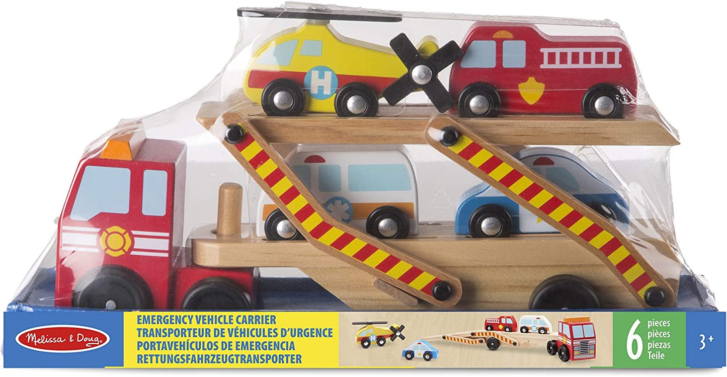 Stock photo of the Melissa & Doug Wooden Emergency Vehicle Carrier in the retail packaging