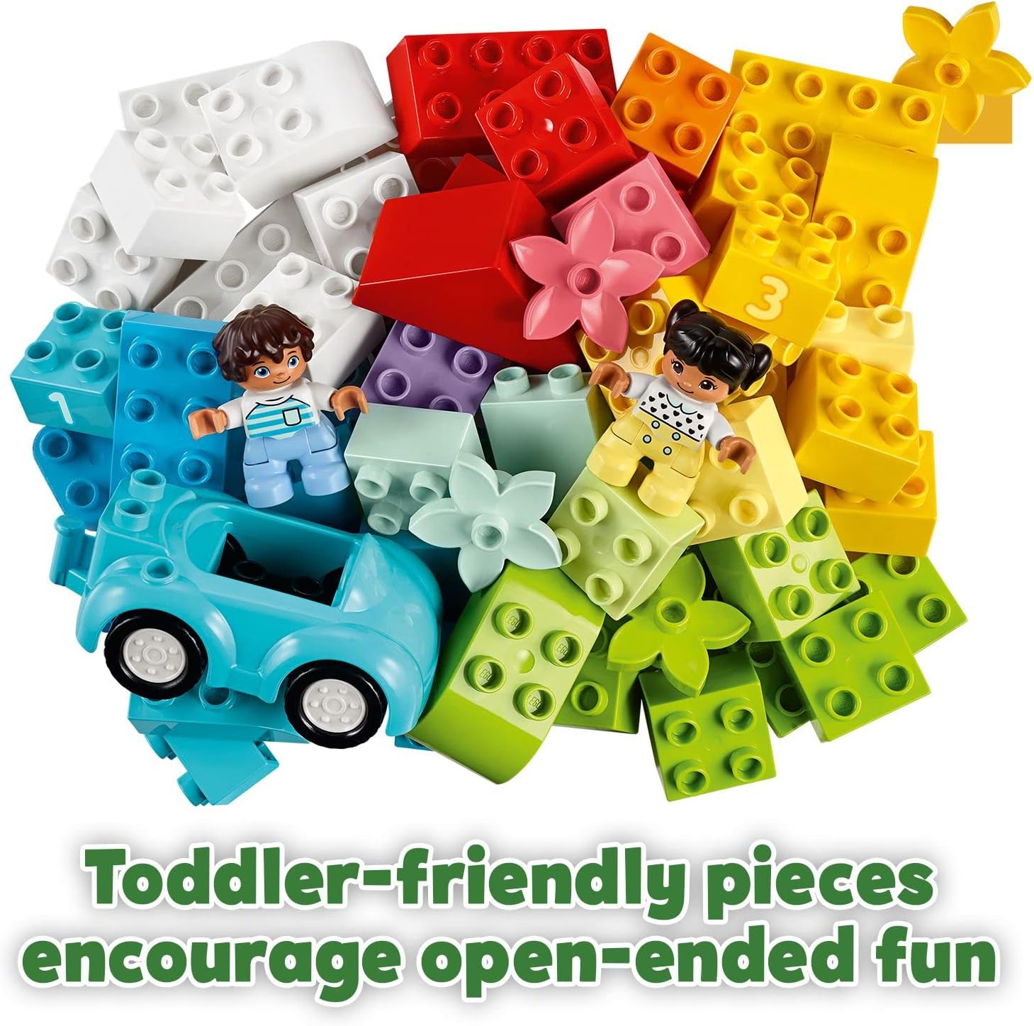 Stock photo of some of the bricks included in the set. Toddler-friendly pieces encourage open-ended fun