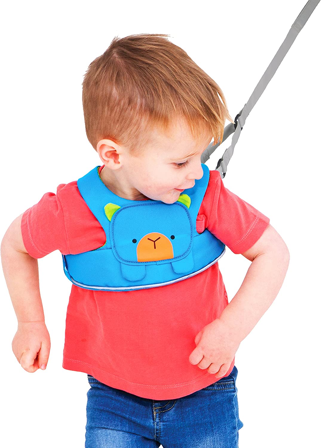 Young child wearing the Trunki ToddlePak - Fuss Free Baby Walking Reins and Toddler Safety Harness – Bert Bear (Blue)