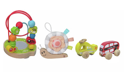 Stock photo showing the contents of the gift set: A wooden  animal shape hoop puzzle with mirror, a snuggle snail with fabric shell and tabs, and two wooden vehicles; a red bus and a helicopter.