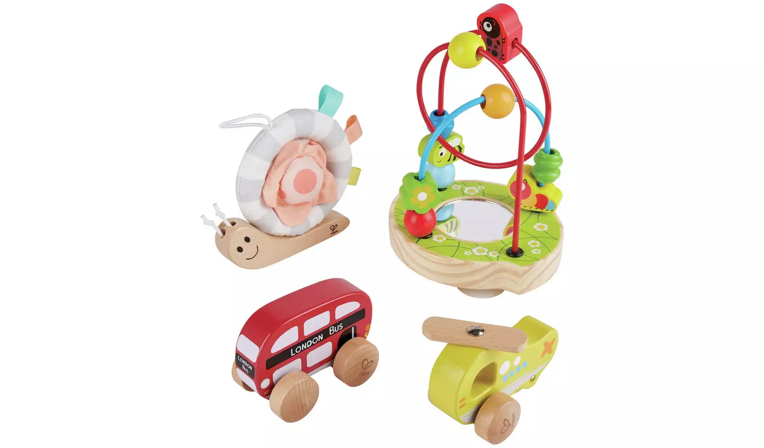 Stock photo showing the contents of the gift set: A wooden  animal shape hoop puzzle with mirror, a snuggle snail with fabric shell and tabs, and two wooden vehicles; a red bus and a helicopter.