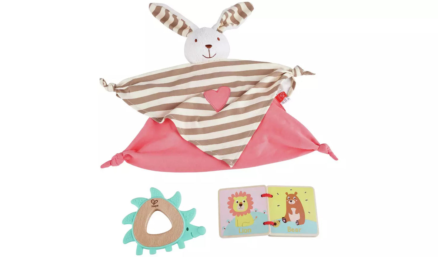 Stock image of the gift box contents: cuddly rabbit comforter, friendly hedgehog teether and wooden elephant picture book.