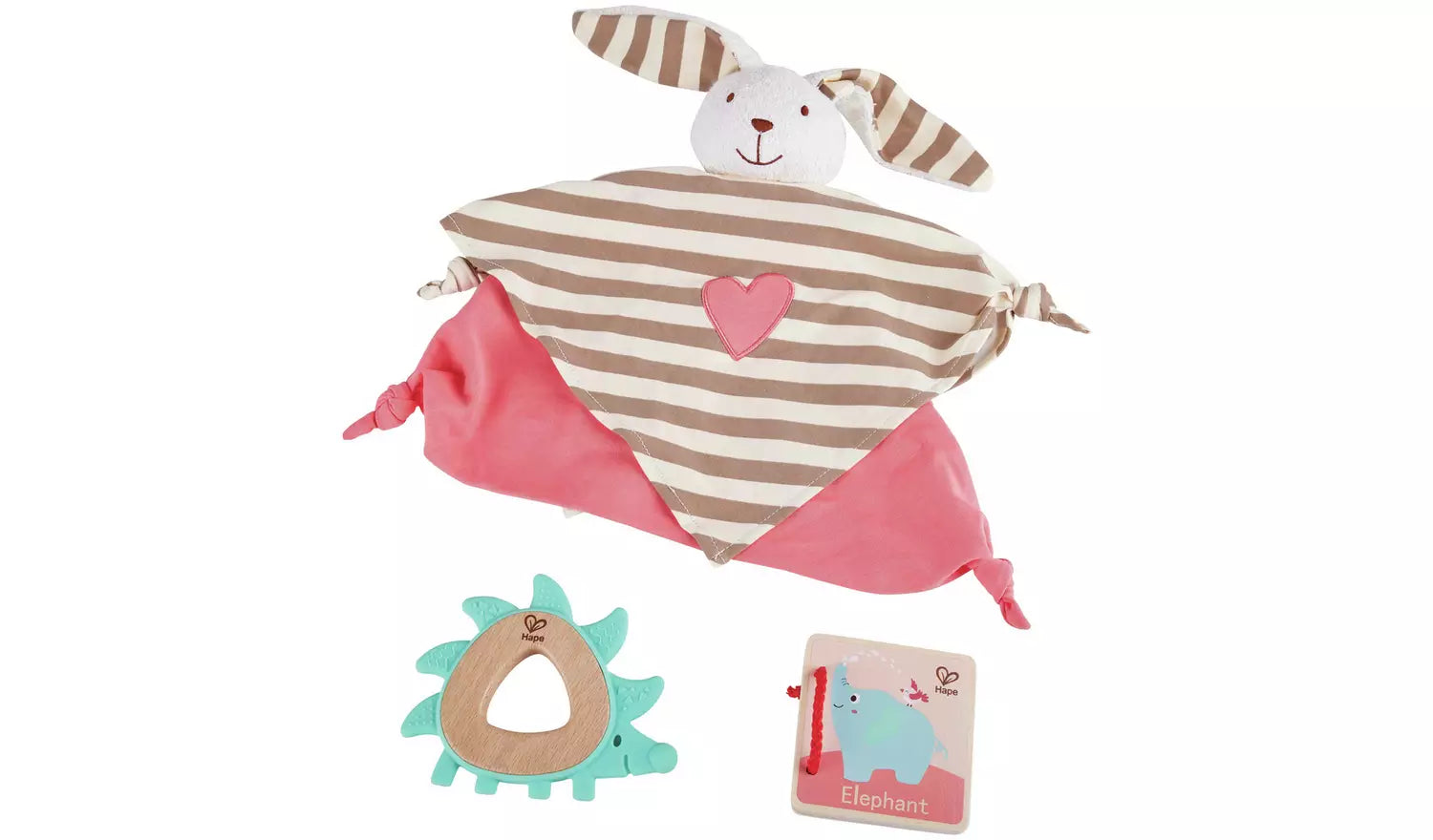 Stock image of the gift box contents: cuddly rabbit comforter, friendly hedgehog teether and wooden elephant picture book.