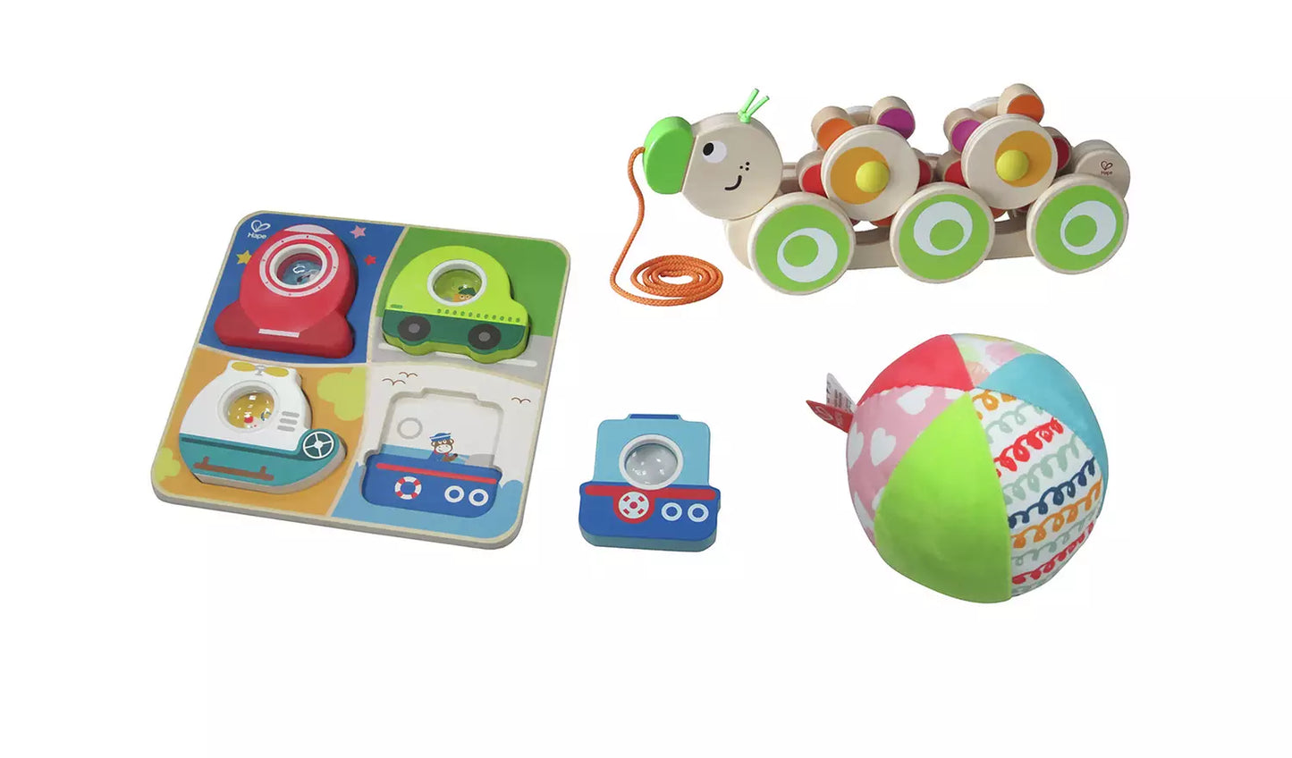 Stock picture of the activity set, showing the wooden pull along caterpillar, the soft squidgy ball and the wooden jigsaw puzzle.