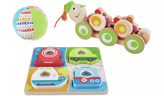 Stock picture of the activity set, showing the wooden pull along caterpillar, the soft squidgy ball and the wooden jigsaw puzzle.