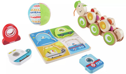 Stock picture of the activity set, showing the wooden pull along caterpillar, the soft squidgy ball and the wooden jigsaw puzzle.