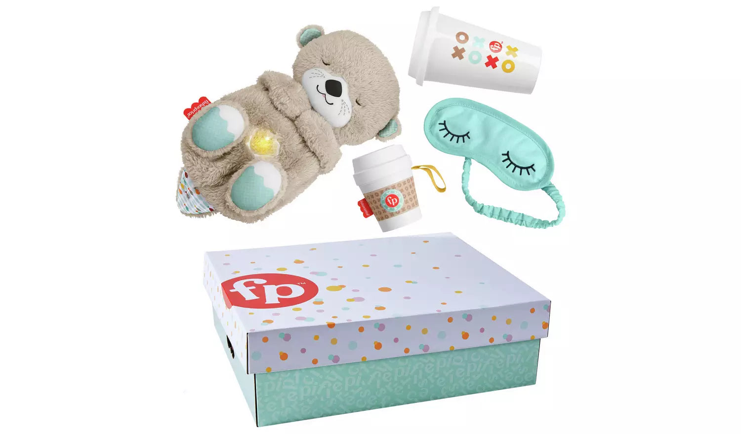 Stock photo showing the contents: A gift box containing a plush otter soother, coffee cup rattle teether for baby and a soft eye mask and ceramic beverage mug for grownups.