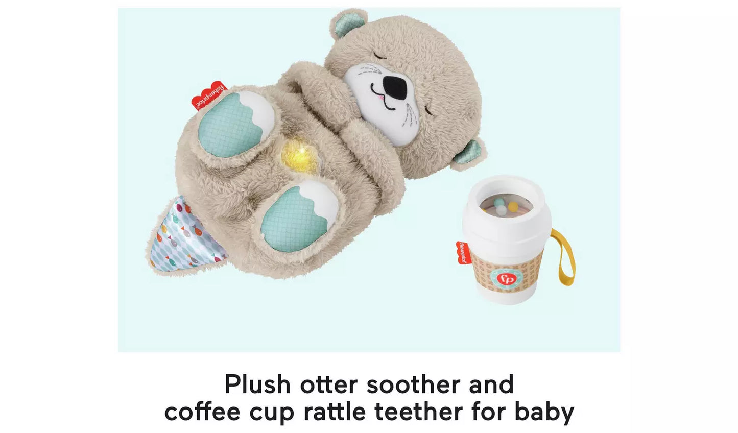 Plush otter soother and coffee cup rattle teether for baby.