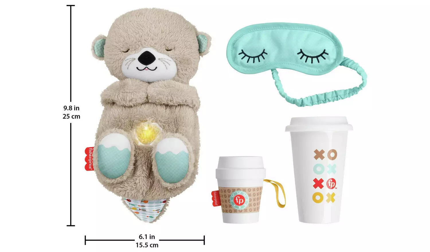 Photo of the box contents, including the dimensions of the plush otter soother (25cm tall, 15.5cm wide)