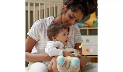 Stock photo of woman and young child playing with the plush otter soother.