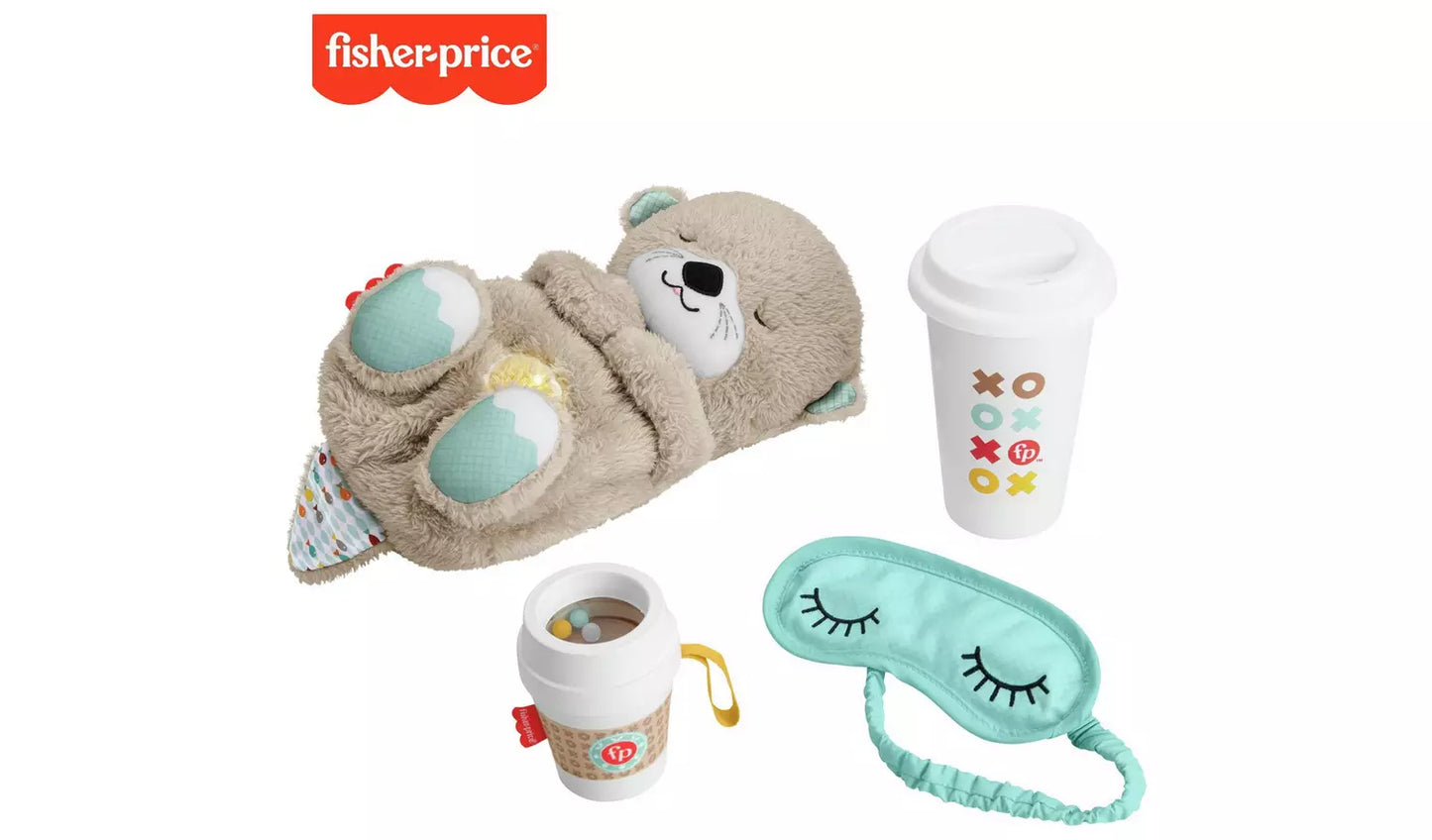 Stock photo of box contents: a plush otter soother, coffee cup rattle teether for baby and a soft eye mask and ceramic beverage mug for grownups.