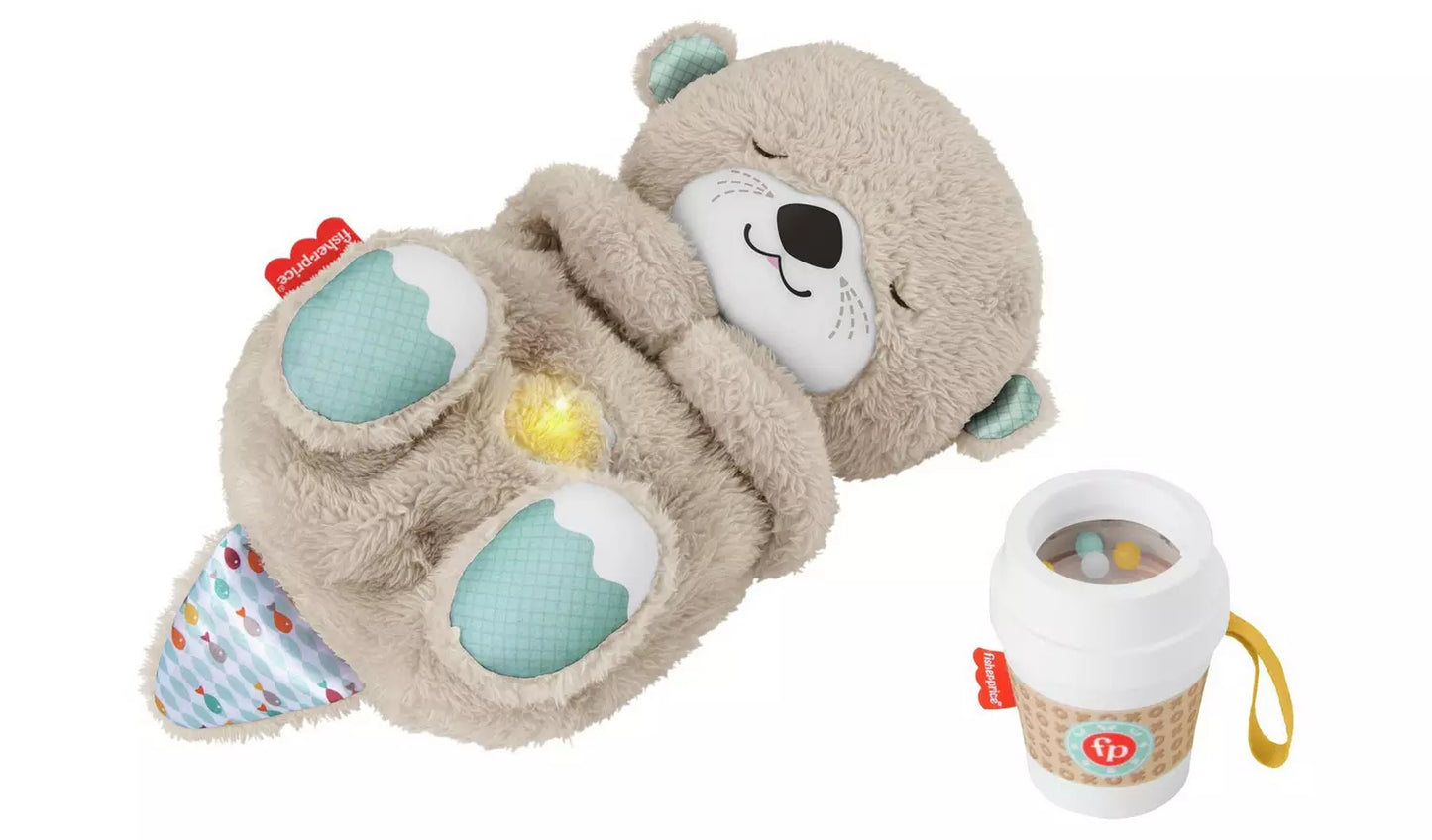 Stock photo of the coffee cup teether and plush otter soother from the front.