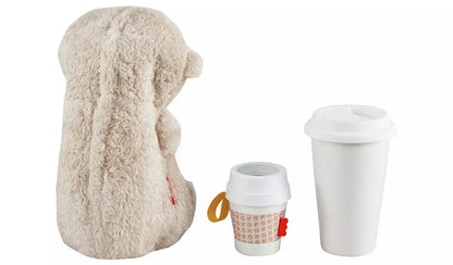 Stock photo showing the what the plush otter soother, coffee cup rattle teether and beverage mug looks like from the reverse.